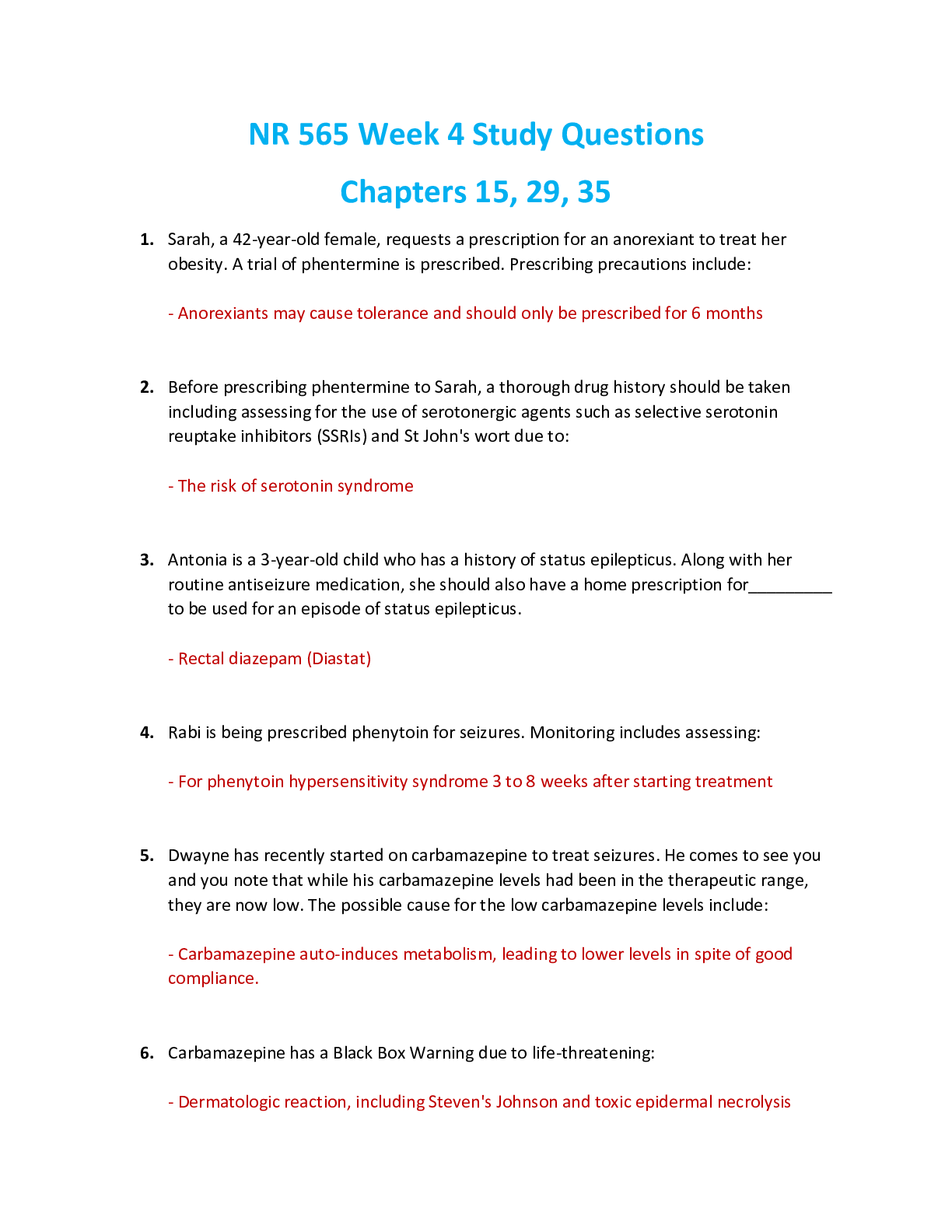 Preview image for NR 565 Week 4 / NR565 Week 4 Study Questions Chapters 15, 29, 35. (Latest 2021/2022) Chamberlain